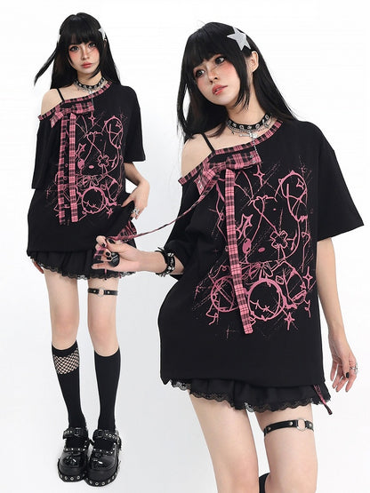 Ebony and Rose Asymmetric Tee with Doll Graphic and Check Bow - Catwish
