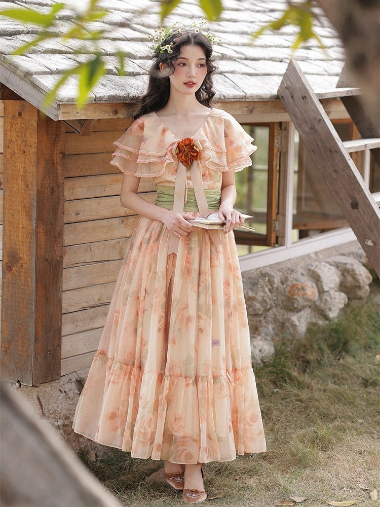 Orange Pink Vintage Floral Print Tiered Shawl Collar Dress