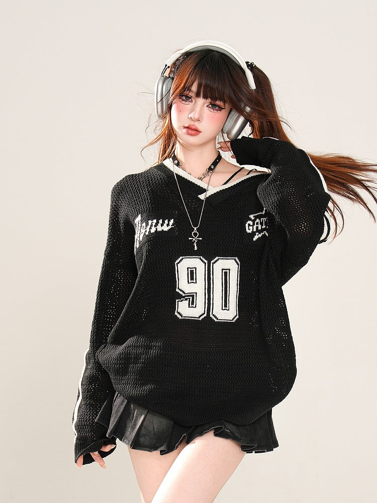 Schwarz/weißes, asymmetrisches Oberteil mit Sonnenschutz und Hohlsaum