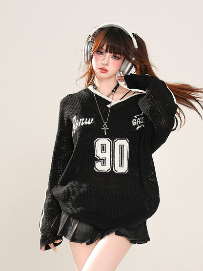 Schwarz/weißes, asymmetrisches Oberteil mit Sonnenschutz und Hohlsaum