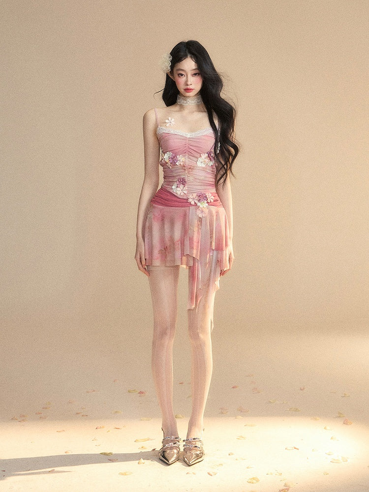Top/Cherry Blossom Print Asymmetrical Hem Shorts Pink Cherry Blossom Embellished Cami