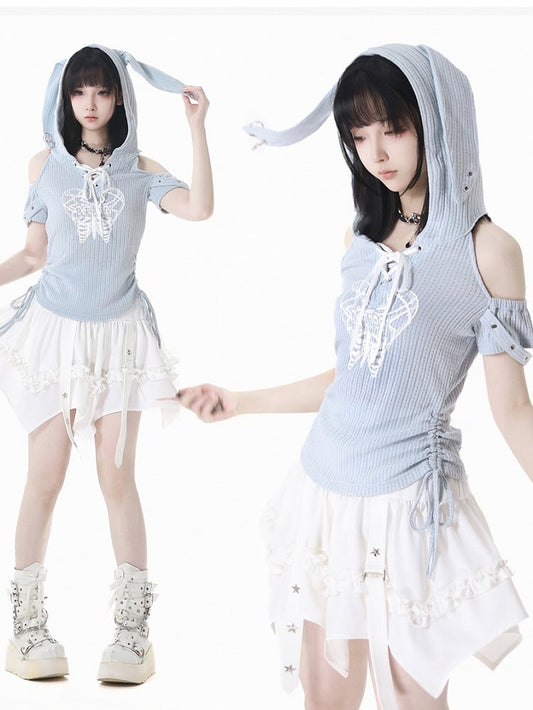 Blue Lace-up Hood T-Shirt Light Drawstring Waist Bunny Ear Design Neckline