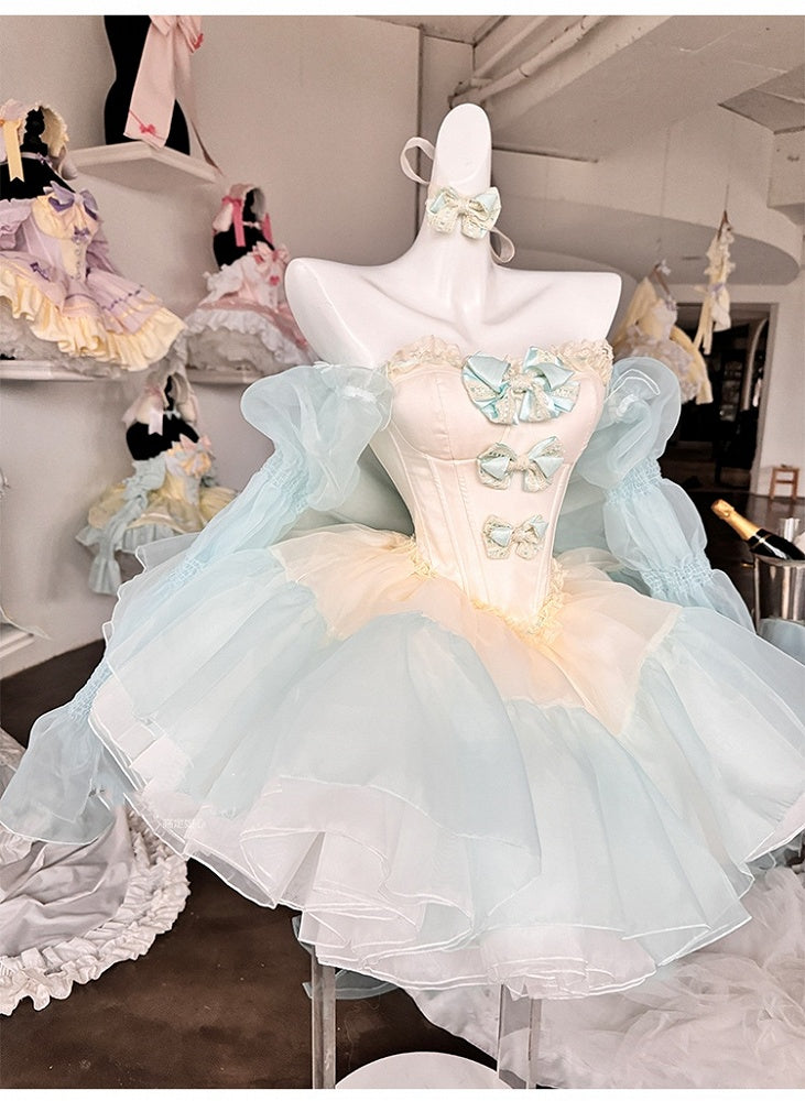 Grünes Mieder-Korsett-Oberteil mit Schleifenverzierung und bauschigem Rock, gelbes Balletcore-Set