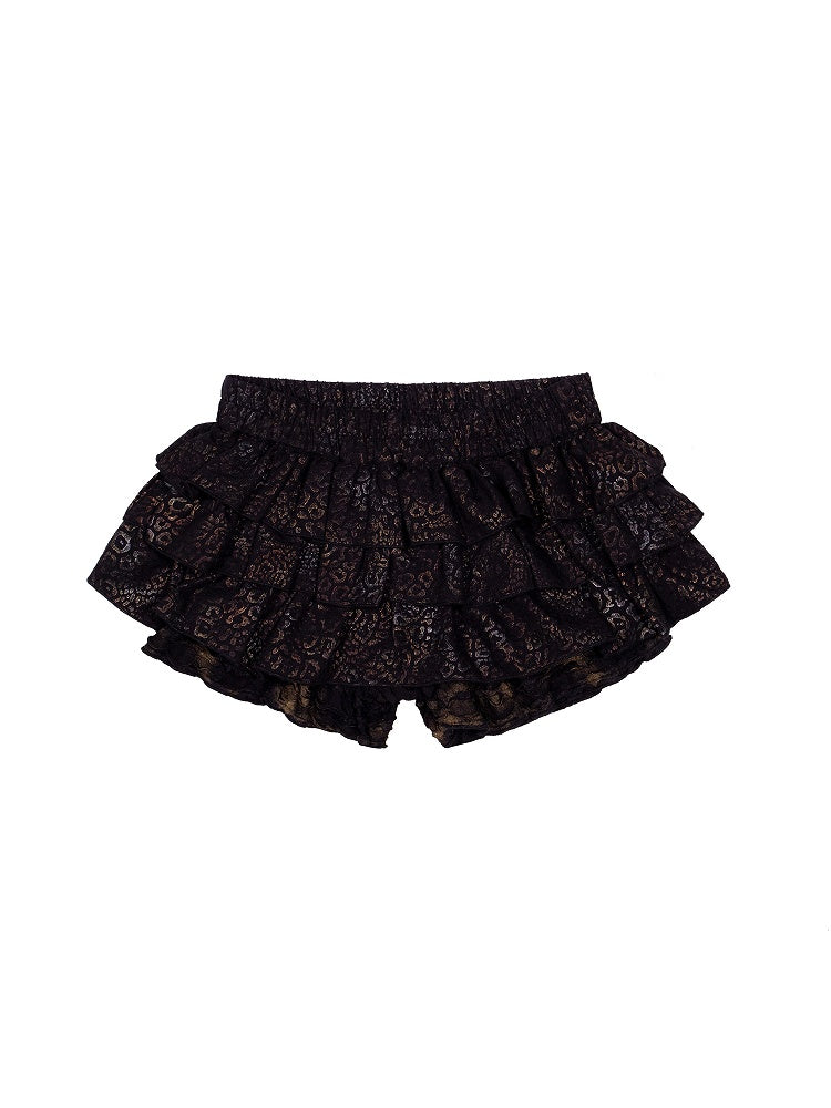 Black Print Fashion Gyaru Waist Leopard Elastic Skort Low-Rise Punk Layers Ruffle with