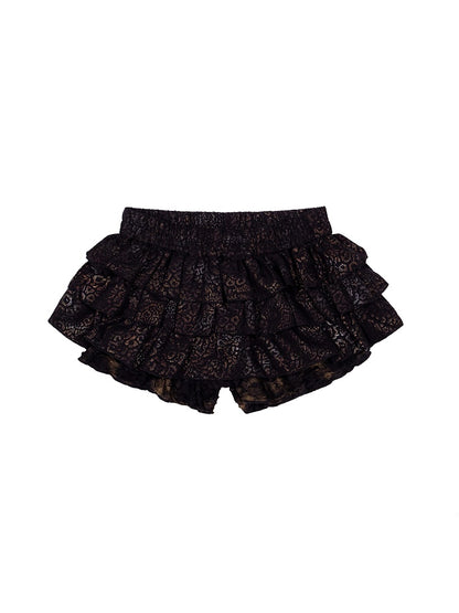 Black Print Fashion Gyaru Waist Leopard Elastic Skort Low-Rise Punk Layers Ruffle with