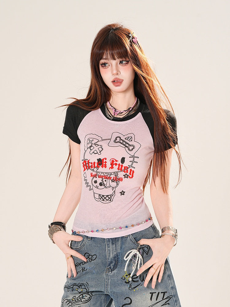 グレー/ピンクのカラーブロックデザイン キティプリントTシャツ