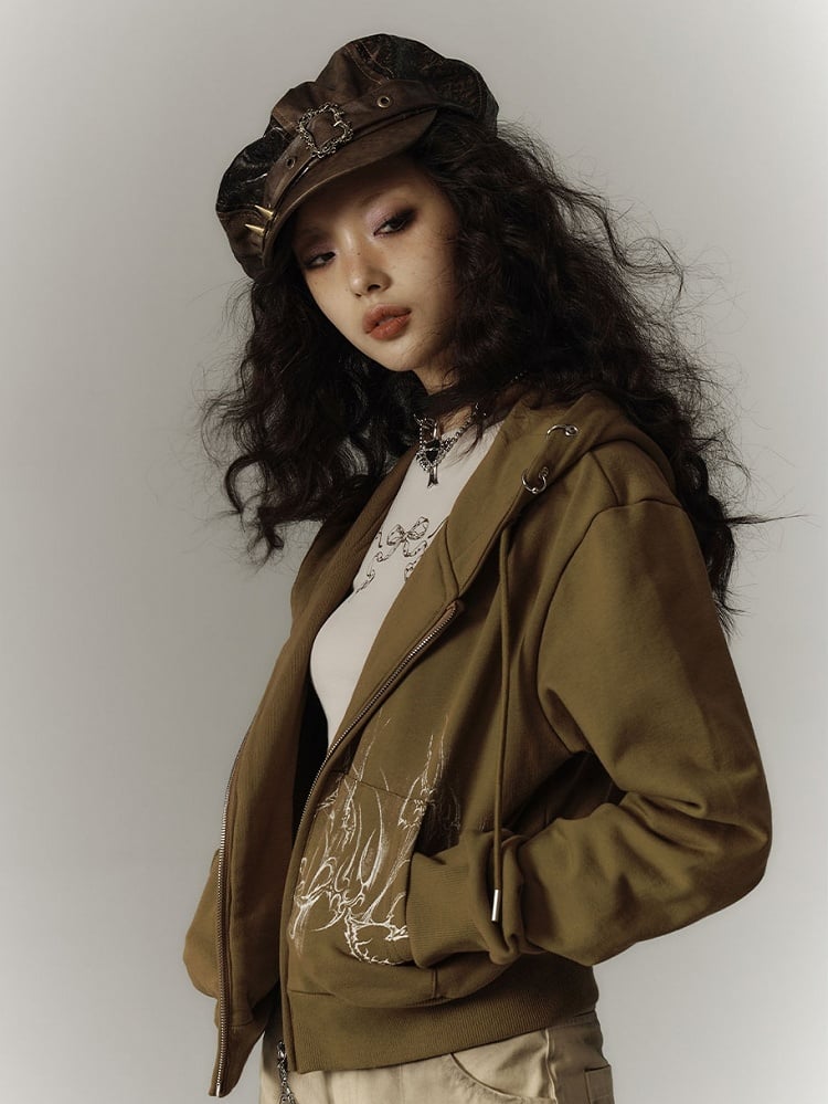 Zwei-Wege-Knopfleiste und Kordelzug Kapuze Leichte Reißverschluss-Kapuzenjacke mit Grün / Grau