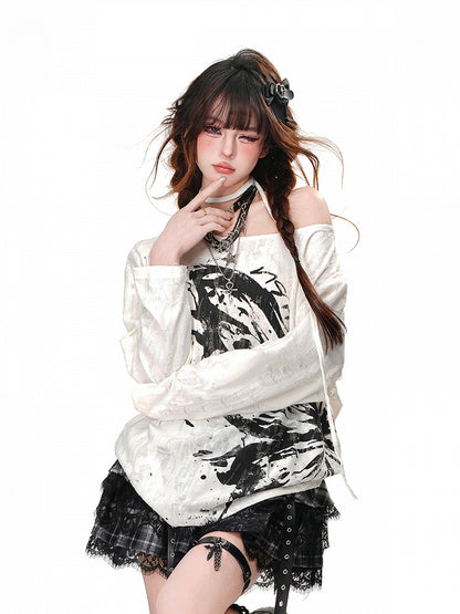 ブラック/ホワイトのアシンメトリーネックライントップス、ルーズホール、バタフライ柄、ダメージ加工プリント