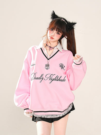 Aprikose/Pink Polokragen Buchstabenstickerei Frühlings-Sweatshirt Kunst-Zweiteiler