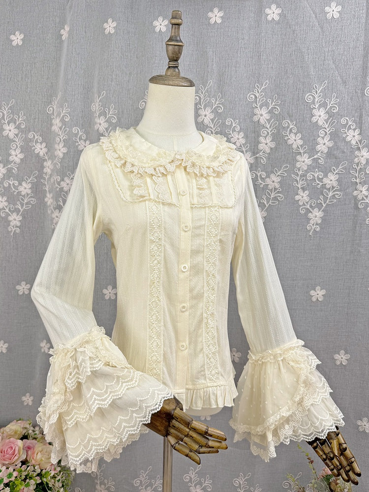 Apricot Cotton Sleeves Blouse Jacquard Lolita Long Bell