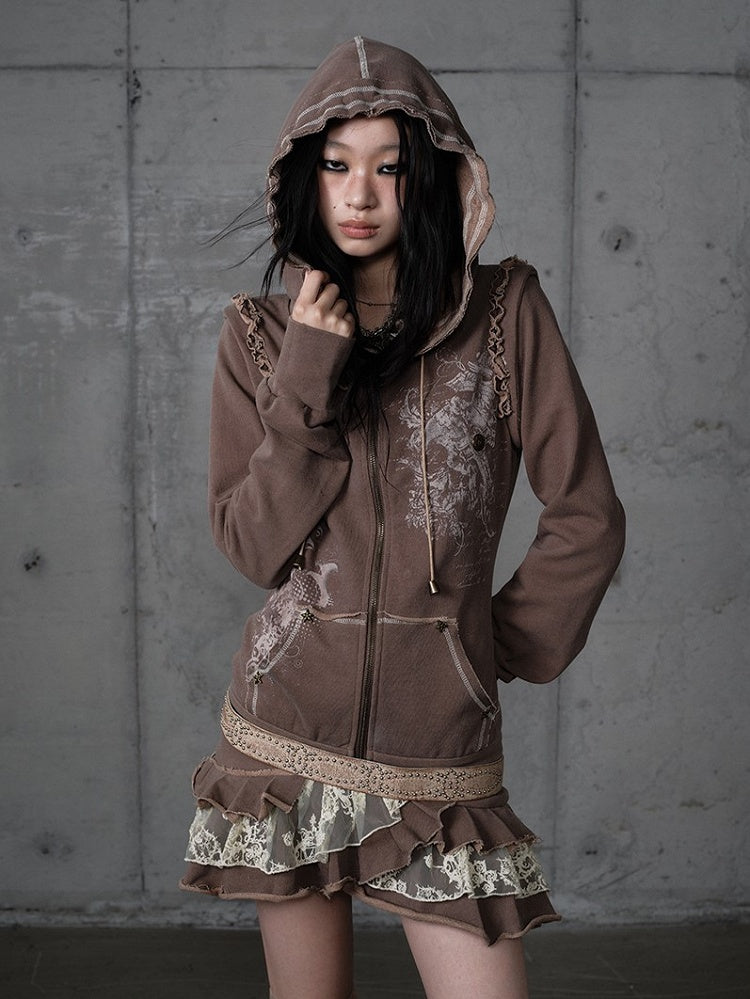 Lace Wasteland with Dress Khaki Hoodie Punk Y2K Tiered Detachable Trim Sleeves