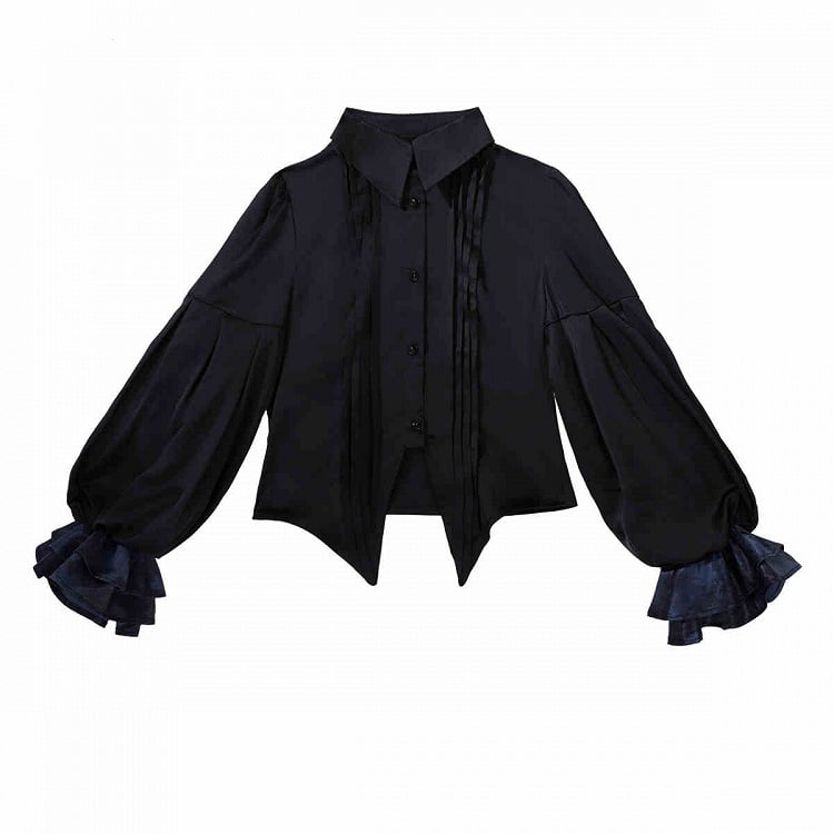 Langes Hemd - Schwarzes Ouji-Blau + Ärmel, Weste, Jabot, Full und Prince-Shorts, Lolita-Set