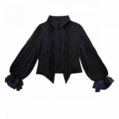Langes Hemd - Schwarzes Ouji-Blau + Ärmel, Weste, Jabot, Full und Prince-Shorts, Lolita-Set