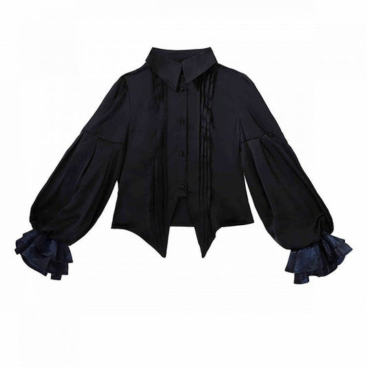 ボディスカフス、プリーツブルースリーブ、折り返しロングブラックシャツカラー