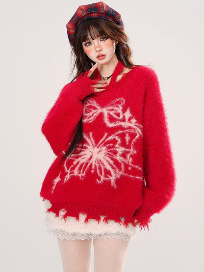 Rot/Grüne Schleife und Schmetterling Neckholder Mohair Weicher Pullover Distressed Trim
