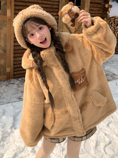 Niedlicher Capybara-verzierter brauner Plüsch-Kapuzenpullover