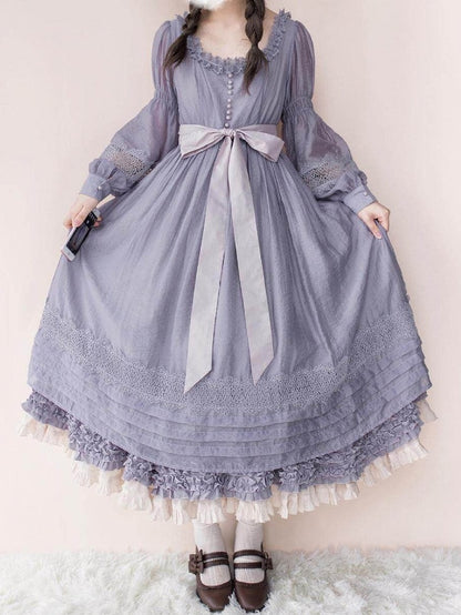 Purple Square Neck Classic Lolita Long Sleeve OP