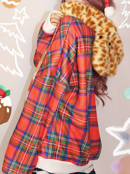 Weihnachtskariertes Sweatshirt mit Welpen-Print Rot