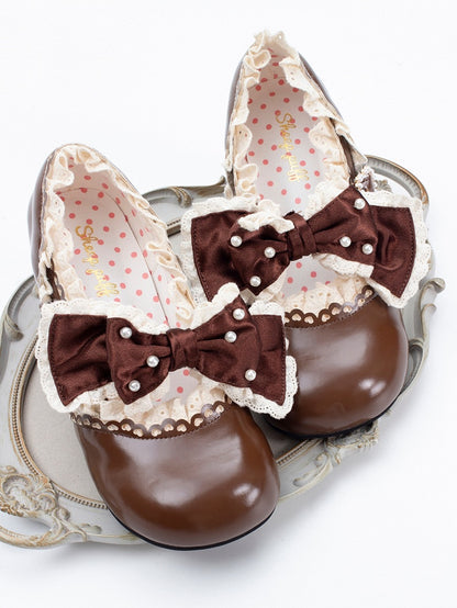 Brown Beaded Lolita Leather in Bow Trim Mid-heel Janes Heart Lace with Beads Mary Buckle Decorated PU