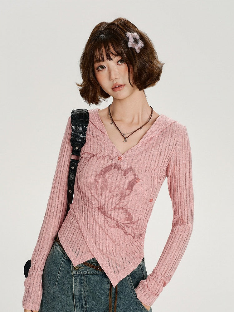 Printed Long Sleeve Hooded Top with Asymmetrical Hemline - Girlyhalo