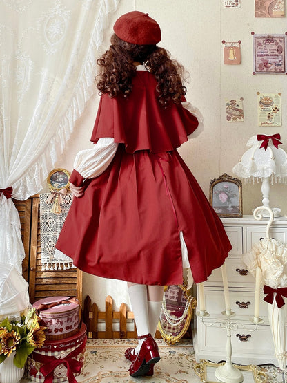Lolita Dress Design Collar Sleeves Long and Cape Beige Red Banded