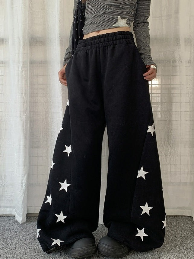 Black/Gray Curved Leg Pants with Star Print - Solkatt