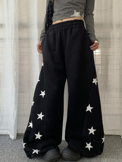Black/Gray Curved Leg Pants with Star Print - Solkatt