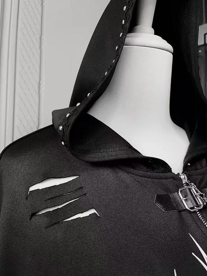 Distressed Black Thorn Graphic Jirai-Kei Hooded Jacket with Stud Accents - Puppet Bombs