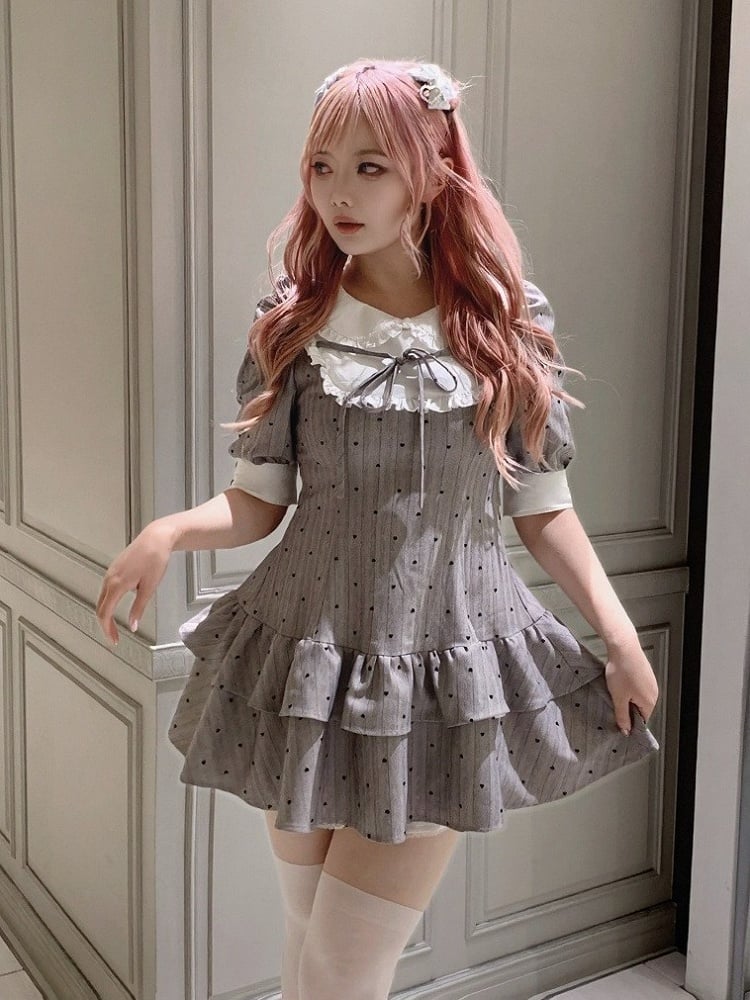 Gray Heart-Printed Peter Pan Collar Ruffled Short Sleeve Dress - Smyster