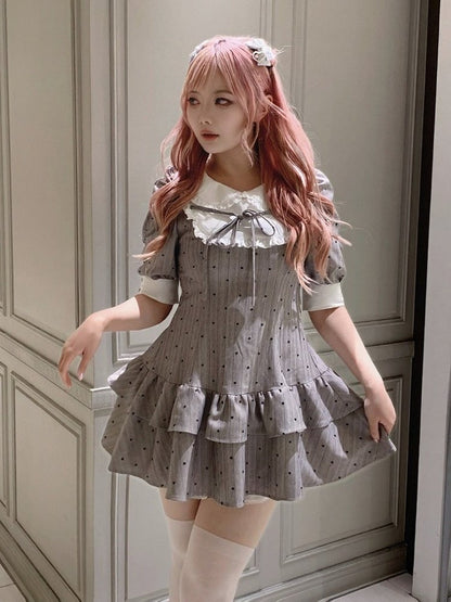 Gray Heart-Printed Peter Pan Collar Ruffled Short Sleeve Dress - Smyster