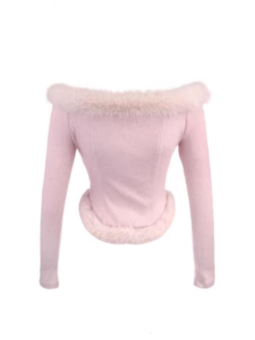 Pink Off-Shoulder Knit Top With Faux Fur  Charming Bow Accent