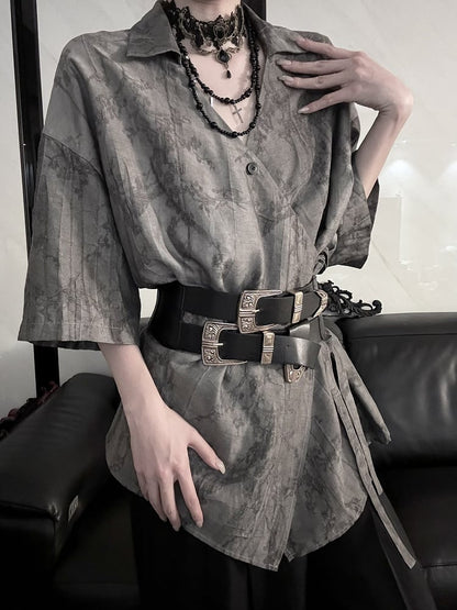 Shirt Plum Short Style Blossom Cheongsam Self-tie Print Belt Sleeve with