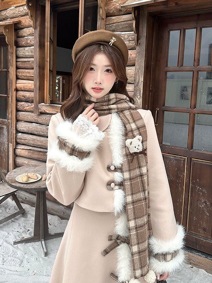 Fur Classic Plaid Set Top Scarf Trim Hem Khaki Lolita Skirt Elegant + Faux Ruffle