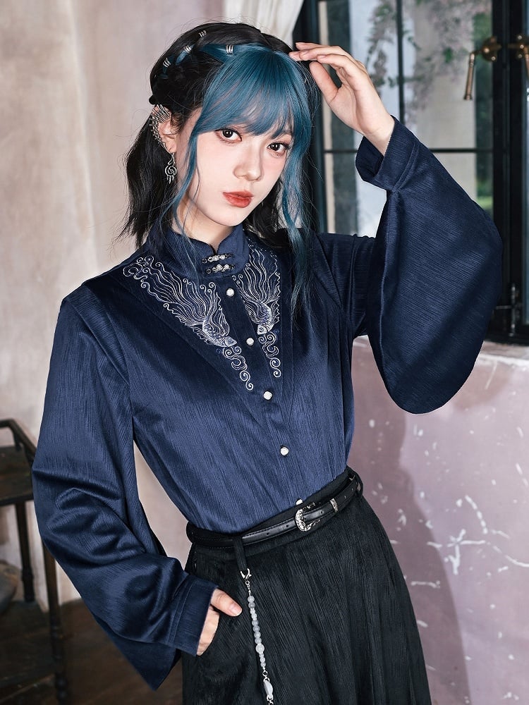 Sleeves Cheongsam - Collar Navy Blue Blouse Goth Mandarin Pipa