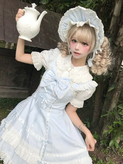 Snowfall-Themed Blue Cotton JSK Dress with Vintage Ruffle Accents