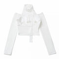 White Slim-Fit Cutout-Shoulder Top with Lace Trim and Thumbhole Cuffs