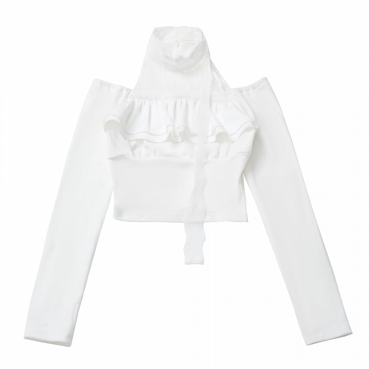 Weißes, eng anliegendes Oberteil mit Cut-Outs an den Schultern, Daumenlöchern und Spitzenbesatz