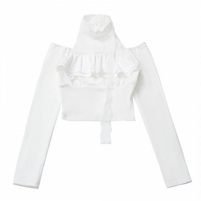 Weißes, eng anliegendes Oberteil mit Cut-Outs an den Schultern, Daumenlöchern und Spitzenbesatz