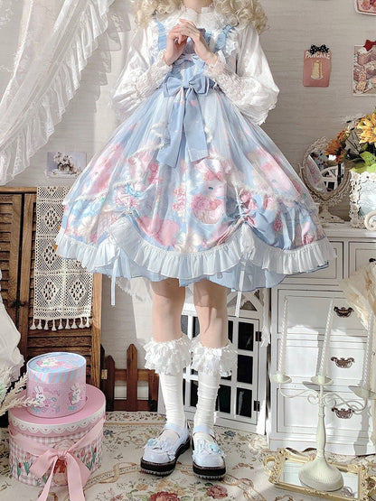 Lolita Blue Sheer Dusty Floral Tulle JSK Train Bunny with Dress Print