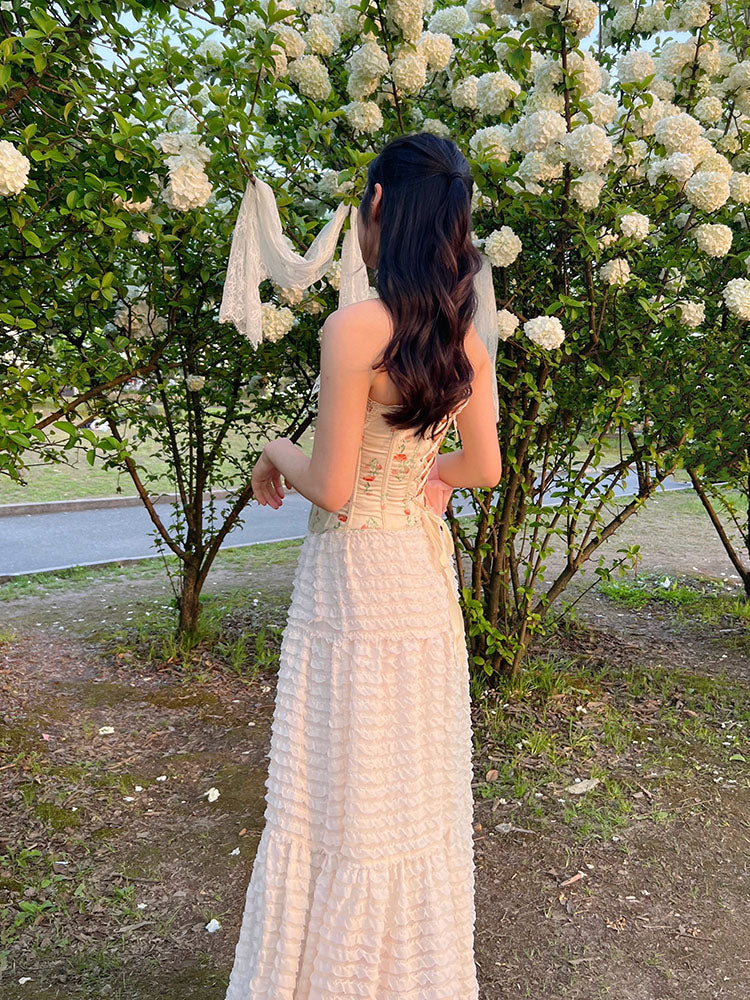 Aprikosenfarbenes Bustier-Korsett-Oberteil aus Baumwolle mit Blumenmuster und Stäbchen