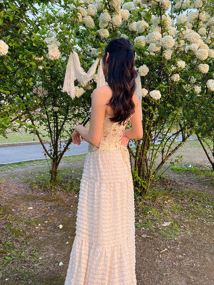 Aprikosenfarbenes Bustier-Korsett-Oberteil aus Baumwolle mit Blumenmuster und Stäbchen