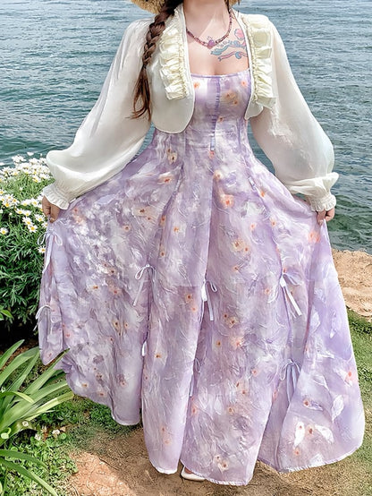 Details Chiffon-Camisole-Kleid mit Blumenmuster, drei Möglichkeiten, Übergröße, lila Schleifen