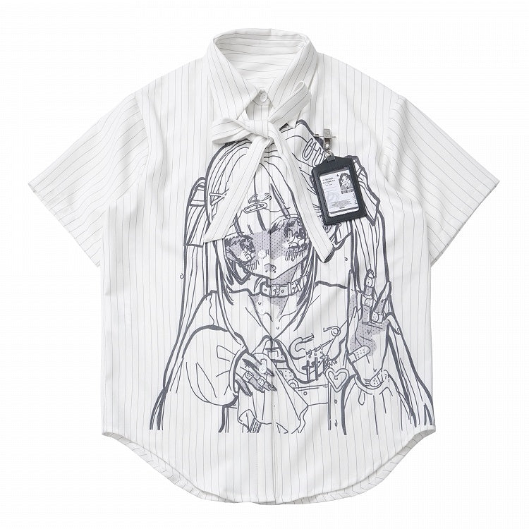 Short Sleeves Shirt Anime Girl Print White Stripes Tie Bow