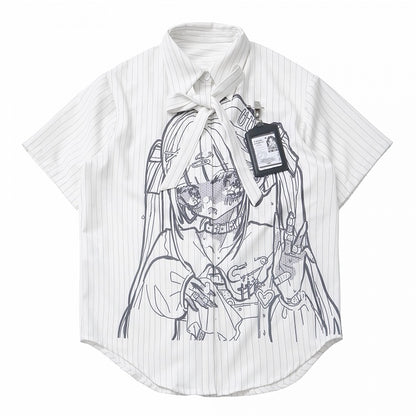 Short Sleeves Shirt Anime Girl Print White Stripes Tie Bow