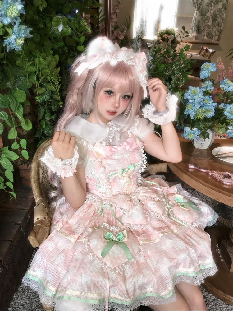 Fabric and Jumper Skirt Heart Rosette Lolita Pink Padded Bow Decoration