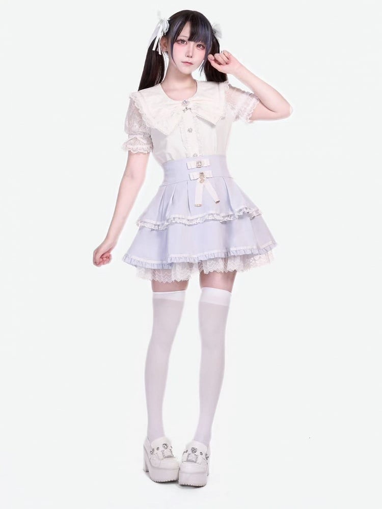 Bows Tiered Skirt High Waist Jirai Light with Kei Blue