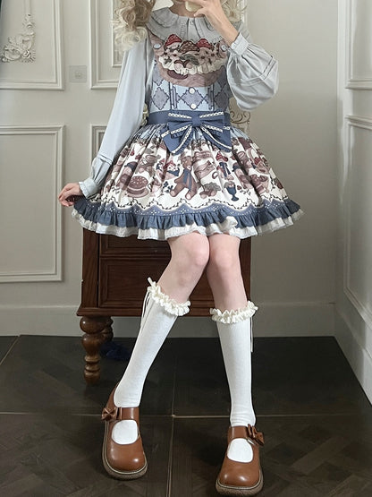 Print Stickerei Overall Süßes blaues Teddykleid Pilz Lolita Ausschnitt