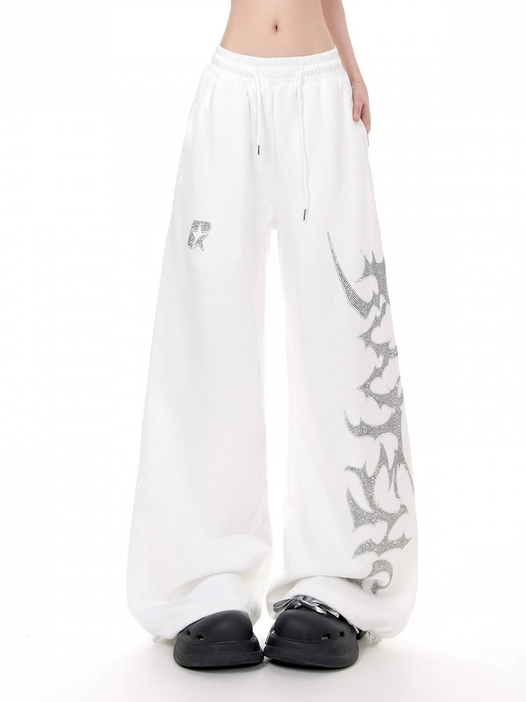 White Wide Leg Sweatpants with Rhinestones - KNOW8 Online Shop