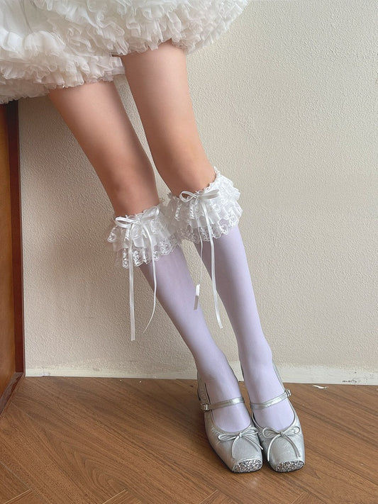 Ruffled Trims Stockings Underknee Bowknot Details Lace White/Black/Gray/Apricot