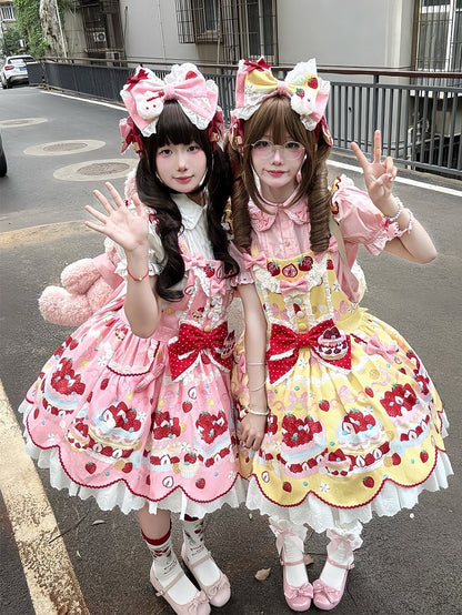 Blouse / Short Pink Sleeves Puff Bows Lolita Decorated White